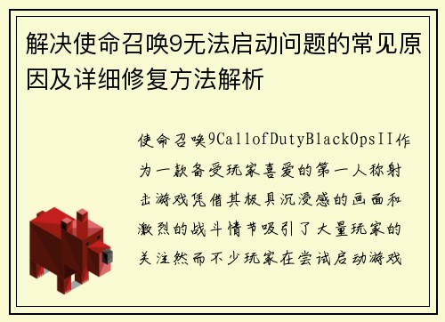 解决使命召唤9无法启动问题的常见原因及详细修复方法解析